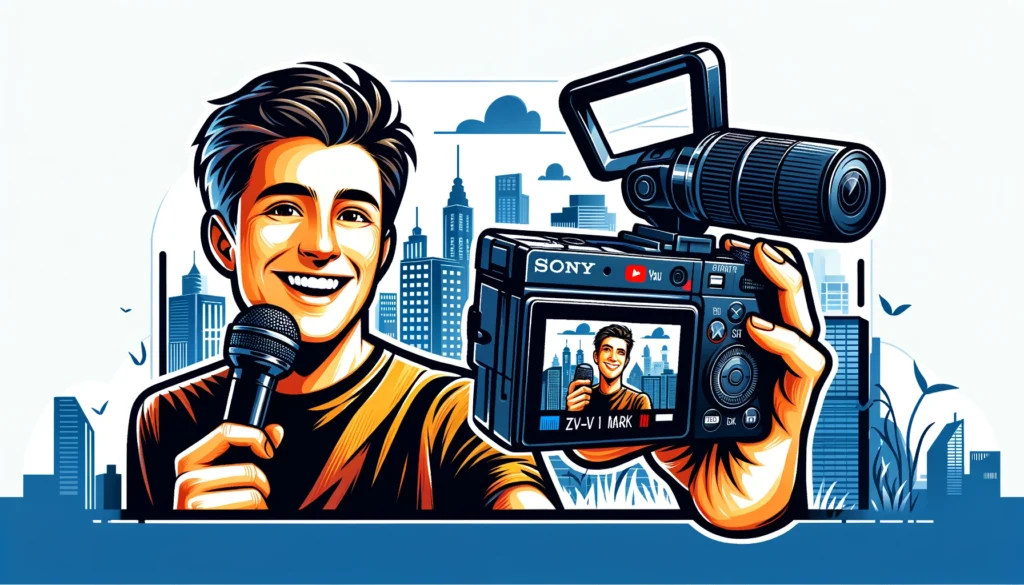 DALL·E 2024-10-20 20.54.45 - An illustration of a vlogger holding a Sony ZV-1 Mark II camera, with a cityscape background