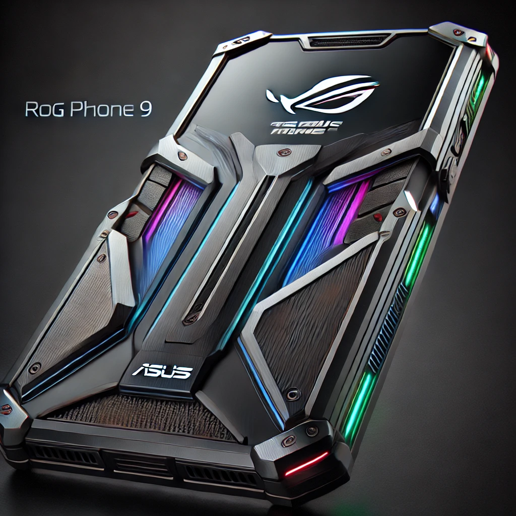 DALL·E 2024 11 06 09.01.09 A detailed realistic rendering of the ASUS ROG Phone 9 showcasing its sleek and futuristic gaming design. The phone should have a high tech appearan