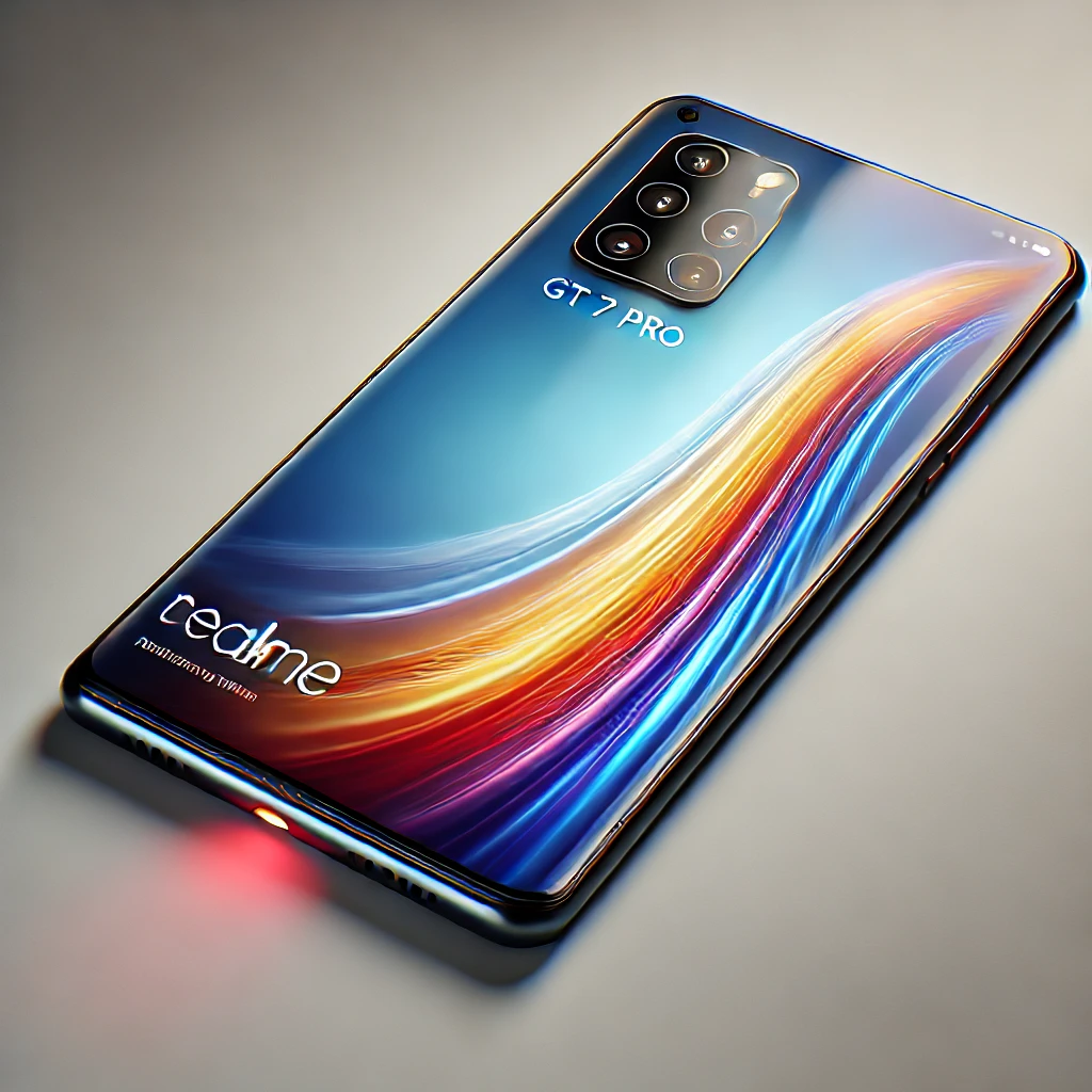 DALL·E 2024 11 06 09.34.06 A detailed realistic rendering of the Realme GT 7 Pro smartphone. The phone should have a modern sleek design with a curved edge to edge AMOLED dis