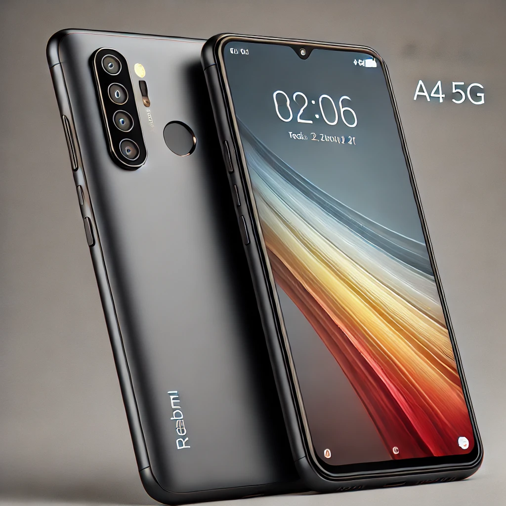 DALL·E 2024 11 06 09.48.20 A detailed realistic rendering of a hypothetical Redmi A4 5G smartphone. The phone should have a sleek minimalist design with a flat edge to edge d