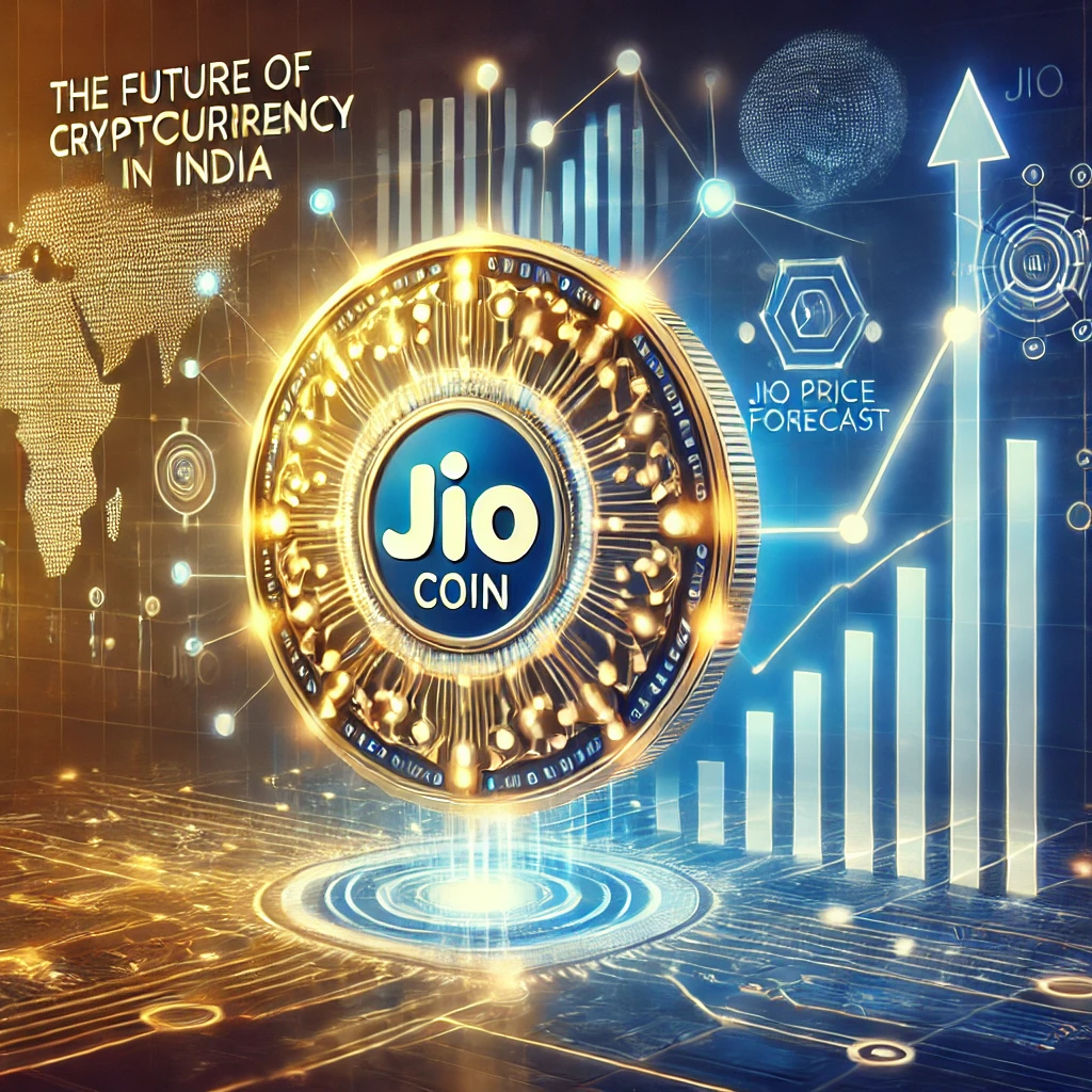 DALL·E 2025 01 22 00.29.28 A futuristic and visually engaging illustration for Jio Coin Price Forecast. The image features a glowing cryptocurrency coin labeled Jio Coin wit